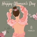 Vector postcard international women\'s day on march 8, with girl Royalty Free Stock Photo